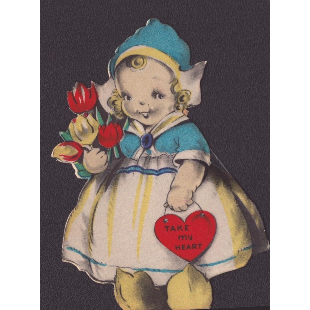Vintage Gibson Die Cut Valentine Card Dutch Girl Tulips Take My Heart G1V - Picture 1 of 2